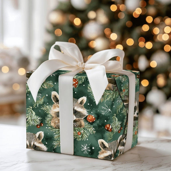 Woodland Animal Gift Wrap, Raccoon Christmas Wrapping Paper, Adorable Watercolor Winter Wrapping Paper, Evergreen Holiday Gif