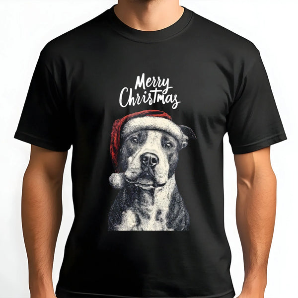 American Pit Bull Terrier in Santa Hat Graphic Tee, Pitbull Christmas T-Shirt, Adorable Dog Mom Holiday T-Shirt, Xmas Pet Lov