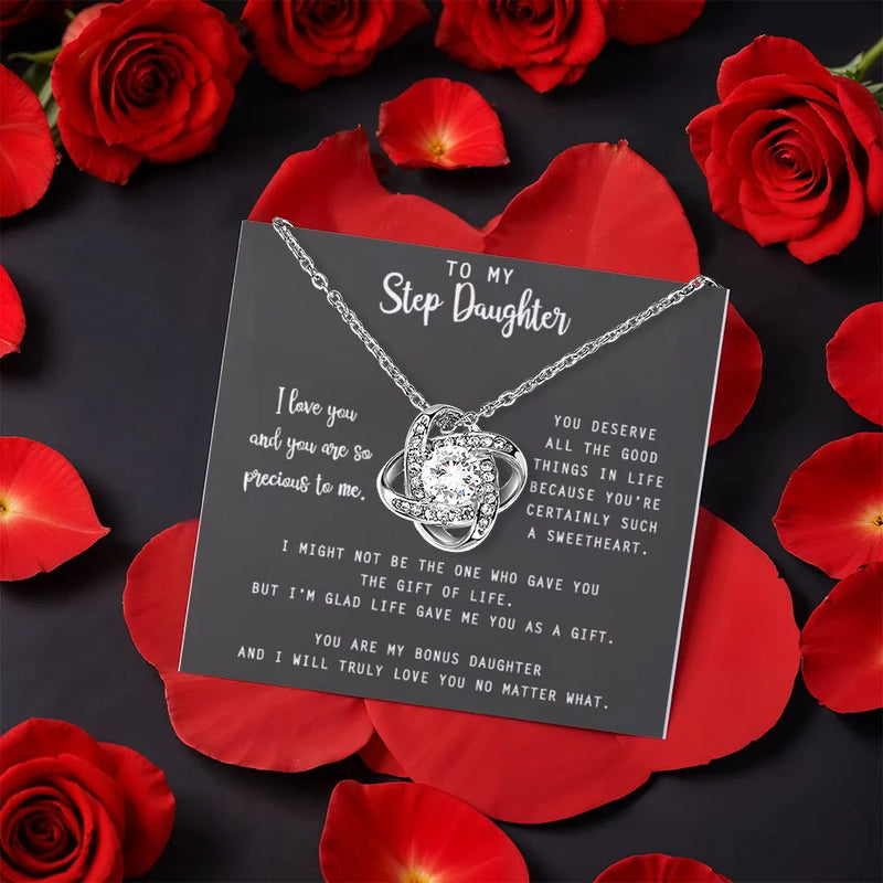 Love Knot Necklace with Rotating Rose Box, Step Daughter Present, Gold Finish Love Knot Pendant Jewelry, Birthday Christmas Present for Her