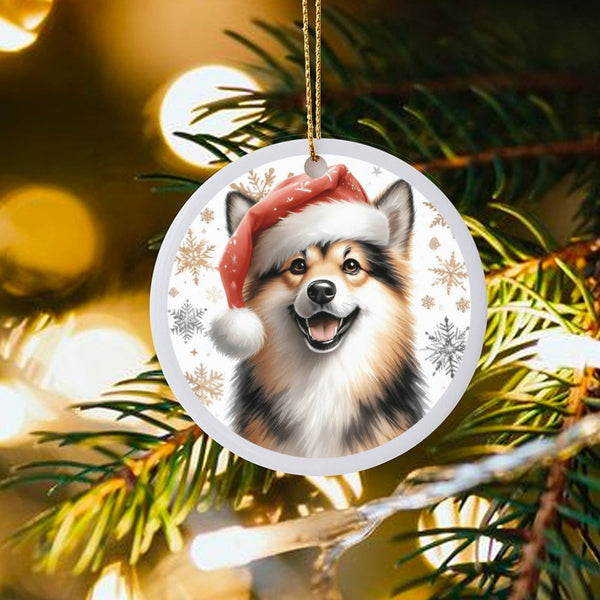 Santa Hat Dog Ceramic Ornament, Fluffy Puppy Christmas Ornament, Snowflake Holiday Tree Decor, Festive Pet Keepsake Present f