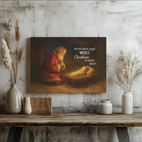 Baby Jesus Christmas Canvas Print, Kneeling Santa Canvas Wall Art, Religious Nativity Canvas Decor, Christian Holiday Wall Art Present