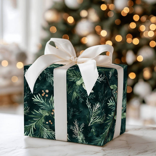 Botanical Berry Christmas Gift Wrap, Moody Pine Wrapping Paper, Dark Green Winter Holiday Wrapping Paper, Forest Gift Wrap Ro