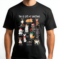 Festive Feline Holiday Graphic Tee, 12 Cats of Christmas T-Shirt, Humorous Kitten Xmas Shirt, Adorable Cat Lover Winter Graphic Top
