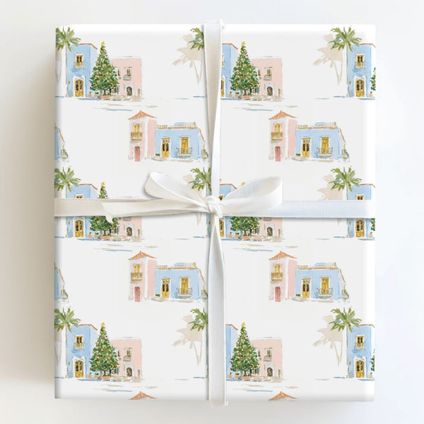 Tropical Village Wrapping Paper, Coastal Christmas Wrapping Paper, Watercolor Beach House Gift Wrap, Pastel Coastal Town Wrap