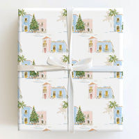 Tropical Village Wrapping Paper, Coastal Christmas Wrapping Paper, Watercolor Beach House Gift Wrap, Pastel Coastal Town Wrapping Paper