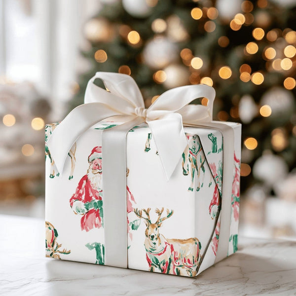 Watercolor Christmas Gift Wrap, Santa and Reindeer Wrapping Paper, Retro Santa Holiday Wrapping Paper, Traditional Christmas 