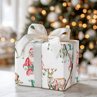Watercolor Christmas Gift Wrap, Santa and Reindeer Wrapping Paper, Retro Santa Holiday Wrapping Paper, Traditional Christmas Wrapping Paper