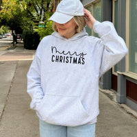 Minimalist Script Xmas Hooded Sweatshirt, Merry Christmas Hoodie, Comfy Holiday Season Pullover, Winter Aesthetic Present for Her