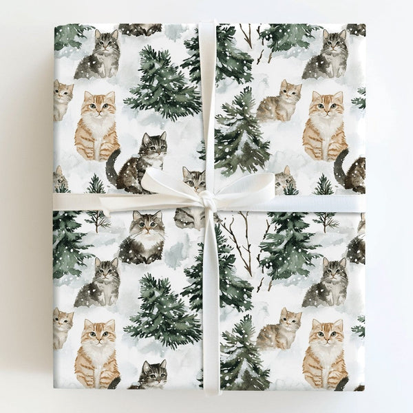 Snowy Forest Kitten Gift Wrap, Watercolor Cat Wrapping Paper, Winter Holiday Cat Wrapping Paper, Christmas Kitten Gift Wrappi