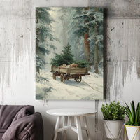 Snowy Forest Winter Scene Canvas, Vintage Christmas Tree Cart Canvas Print, Rustic Holiday Wall Art Canvas, Farmhouse Christmas Canvas Art