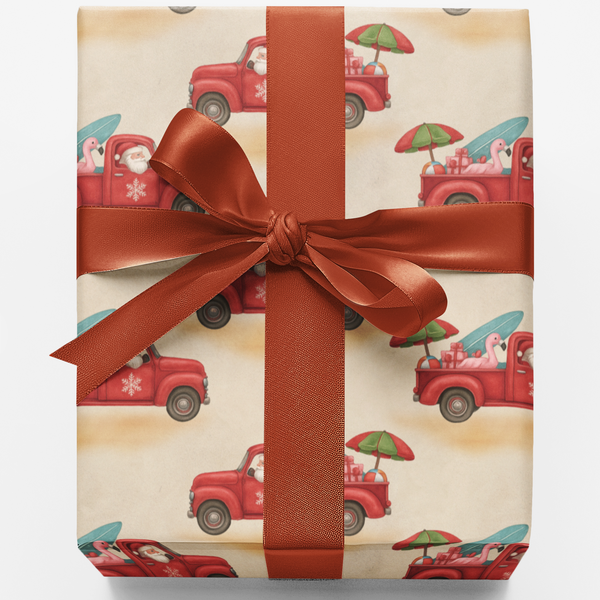 Coastal Christmas Gift Wrap Roll, Surfing Santa Wrapping Paper, Tropical Holiday Gift Wrapping Paper, Beachy Christmas Presen