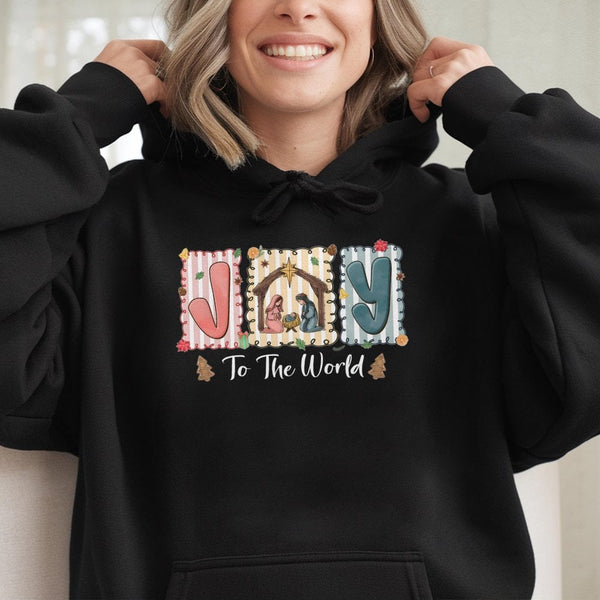 Nativity Scene Christmas Graphic Hoodie, Joy to the World Hoodie, Christian Religious Faith Sweatshirt, Holy Night Holiday Pu