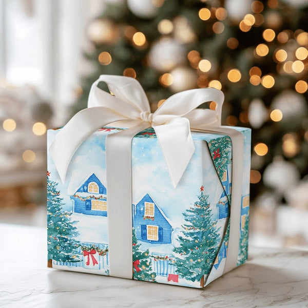 Watercolor Winter Gift Wrap, Snowy Village Wrapping Paper, Christmas Village Wrapping Paper Roll, Holiday Landscape Festive P