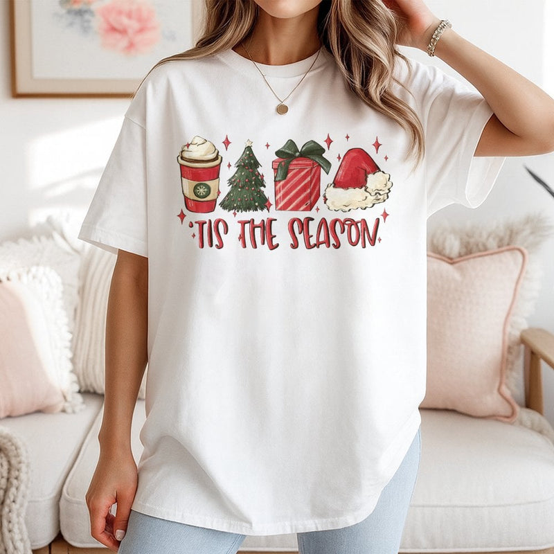 Festive Holiday Tree Graphic Tee, Tis the Season Christmas T-Shirt, Adorable Christmas Coffee Shirt, Winter Holiday Womens Tee