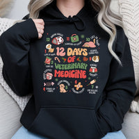 Humorous Vet Tech Christmas Sweatshirt, 12 Days of Veterinary Medicine Hoodie, Vet Clinic Holiday Pullover, Veterinarian Hooded Sweater Present