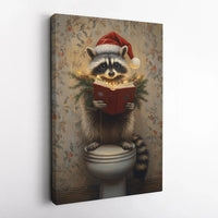 Humorous Toilet Raccoon Print, Christmas Raccoon Canvas Wall Art, Santa Hat Reading Canvas, Holiday Raccoon Art, Whimsical Bathroom Decor Present