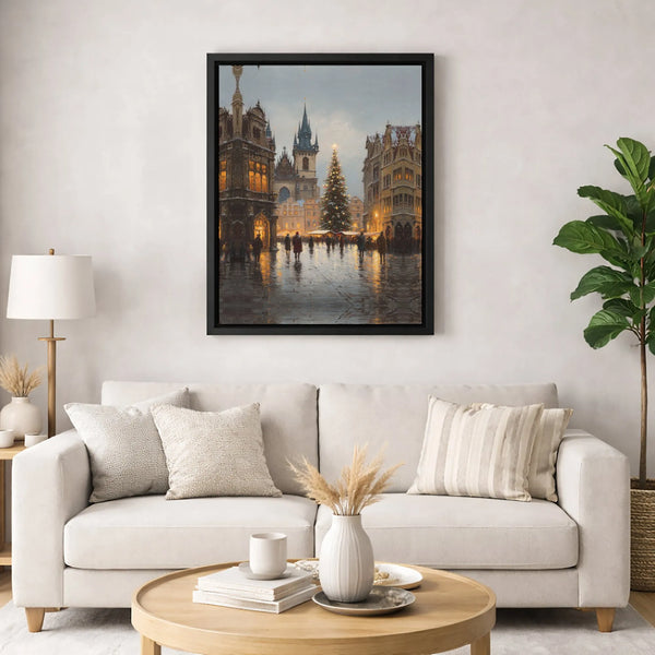 Old Town Square Winter Canvas Wall Art, Prague Christmas Market Canvas Print, European Travel Holiday Canvas, Festive Citysca