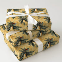 Pine Bough Holiday Gift Wrap Roll, Vintage Golden Bells Christmas Wrapping Paper, Traditional Xmas Paper, Antique Present Wrap