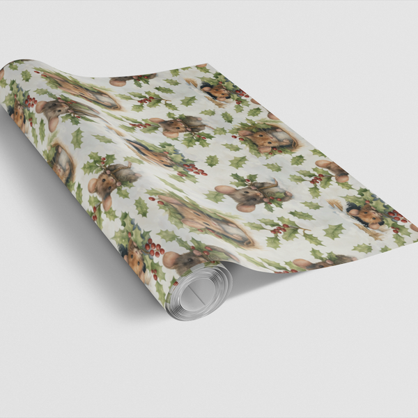 Forest Animal Christmas Gift Wrap, Winter Woodland Mice Wrapping Paper, Holiday Mouse Present Paper Roll, Nature Xmas Wrappin