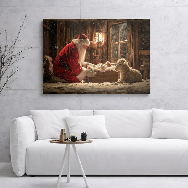 Santa Kneeling Before Baby Jesus Print, Nativity Canvas Wall Art, Religious Christmas Decor, Christian Holiday Present for Ho