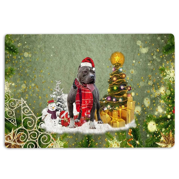 Merry Christmas Snow Scene Welcome Mat, American Bully Christmas Doormat, Dog Holiday Door Mat, Winter Porch Rug, Pet Lover X