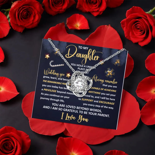 Rotating Rose Box Knot Pendant Necklace, To My Daughter Love Knot Necklace, CZ Crystal Knot Necklace, Meaningful Christmas Bi