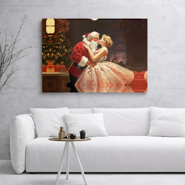 Retro Christmas Kissing Couple Poster, Vintage Santa Canvas Art, Holiday Santa Canvas Print, Printable Xmas Wall Decor, Holid