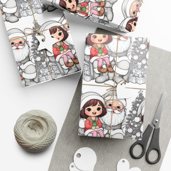 Vintage Christmas Santa Illustration Gift Wrap Roll, Girl on Santa Lap Wrapping Paper, Festive Kids Holiday Wrapping Paper