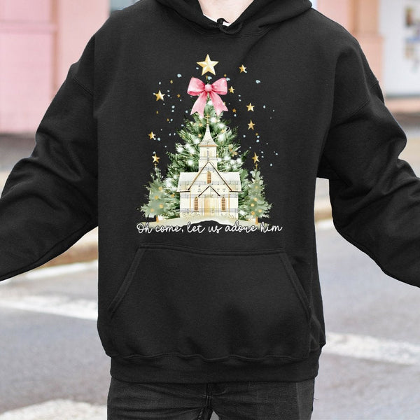 Christian Christmas Tree Hoodie, Oh Come Let Us Adore Him Hoodie, Watercolor Church Holiday Sweatshirt, Religious Xmas Hooded