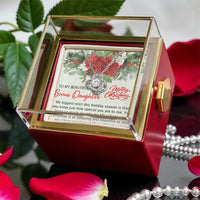 Christmas Knot Jewelry, Bonus Daughter Love Knot Necklace, CZ Crystal Pendant with Rotating Rose Box, Stepdaughter Holiday Present Necklace
