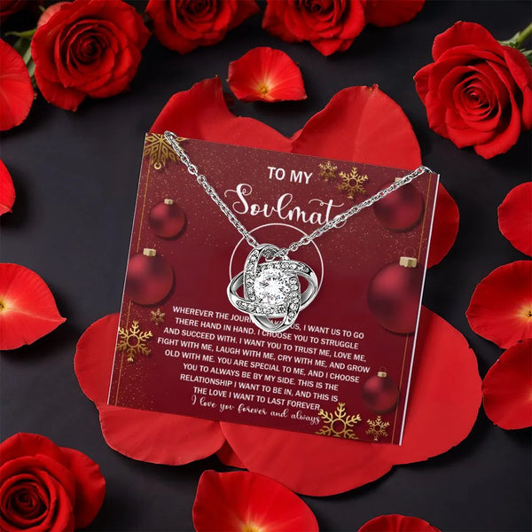 Holiday Crystal Pendant Necklace, Soulmate Love Knot Necklace, CZ Knot Jewelry, Rotating Rose Gift Box, Christmas Anniversary