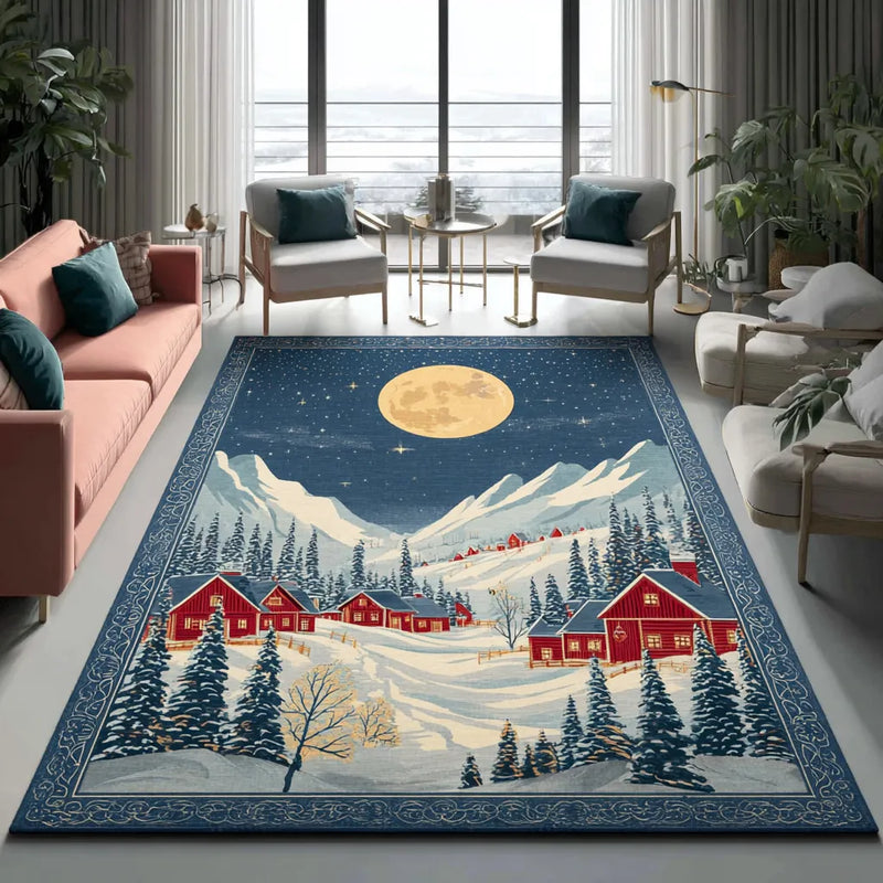 Comfy Cabin Landscape Floor Rug, Moonlit Winter Village Area Rug, Christmas Holiday Decor Rug, Washable Winter Scene Mat, Housewarming Present
