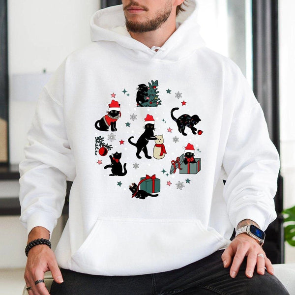 Festive Santa Hat Cat Hoodie, Christmas Black Cat Hoodie, Adorable Kitten Holiday Hoodie, Retro Spooky Xmas Sweatshirt, Prese