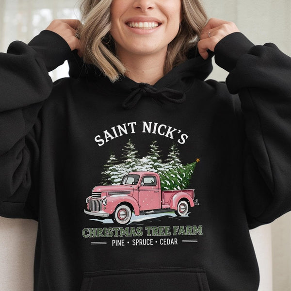 Vintage Pink Truck Hoodie, Saint Nicks Christmas Tree Farm Hoodie, Retro Holiday Hoodie, Tree Farm Pullover, Comfy Winter Hoo