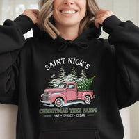 Vintage Pink Truck Hoodie, Saint Nicks Christmas Tree Farm Hoodie, Retro Holiday Hoodie, Tree Farm Pullover, Comfy Winter Hooded Sweatshirt
