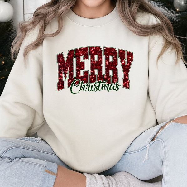 Varsity Lettering Holiday Crewneck, Red Glitter Merry Christmas Sweatshirt, Retro Christmas Sweater, Comfy Pullover, Xmas Pre