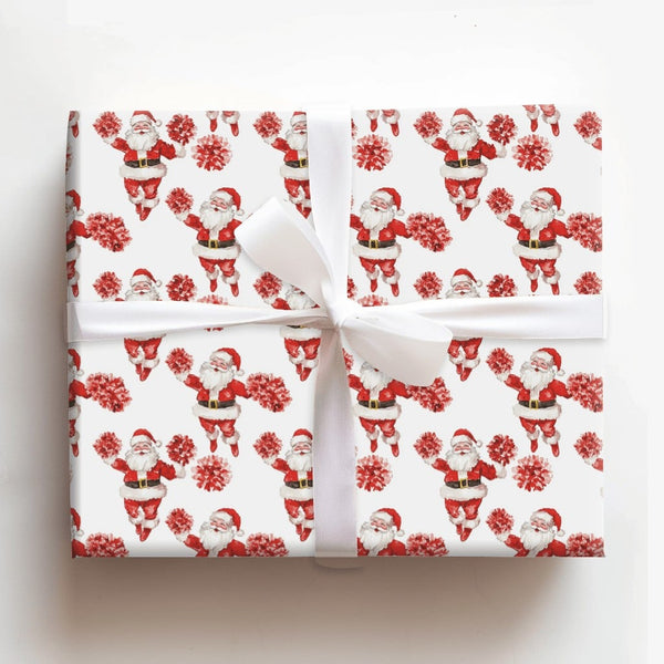 Red Pom Pom Christmas Gift Wrap, Cheerleader Santa Wrapping Paper, Fun Secret Santa Present Paper, Festive Holiday Gift Wrapp