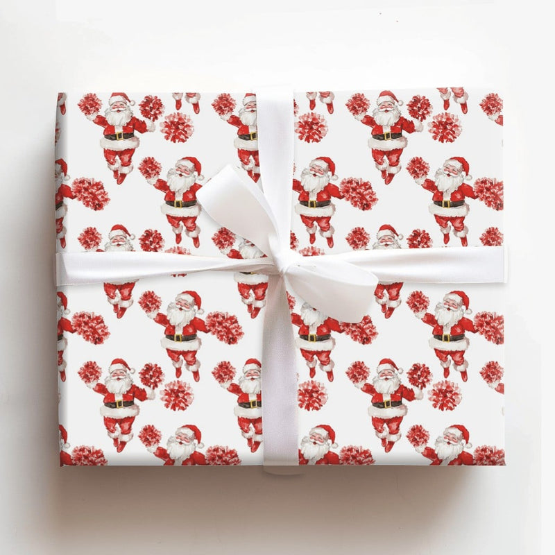 Red Pom Pom Christmas Gift Wrap, Cheerleader Santa Wrapping Paper, Fun Secret Santa Present Paper, Festive Holiday Gift Wrapping Paper