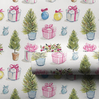 Potted Evergreen Holiday Gift Wrap, Watercolor Christmas Tree Wrapping Paper, Holly Present Paper, Retro Pastel Holiday Wrapping Paper Roll