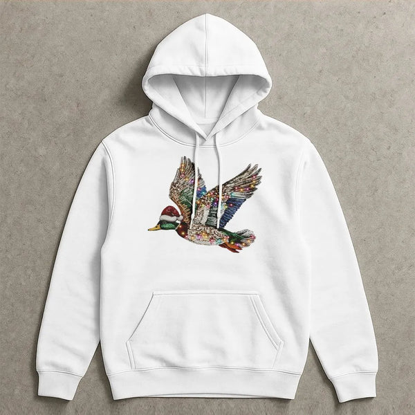 Christmas Duck Hunter Hooded Sweatshirt, Sparkling Rhinestone Mallard Duck Hoodie, Winter Outdoor Pullover Hoodie, Holiday Hu