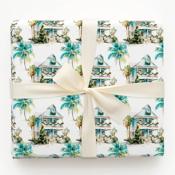 Tropical Coastal Holiday Gift Wrap, Beach House Christmas Wrapping Paper, Seaside Palm Tree Wrapping Paper, Ocean Festive Gif