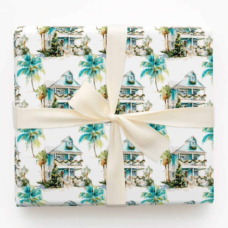 Tropical Coastal Holiday Gift Wrap, Beach House Christmas Wrapping Paper, Seaside Palm Tree Wrapping Paper, Ocean Festive Gift Wrap Roll