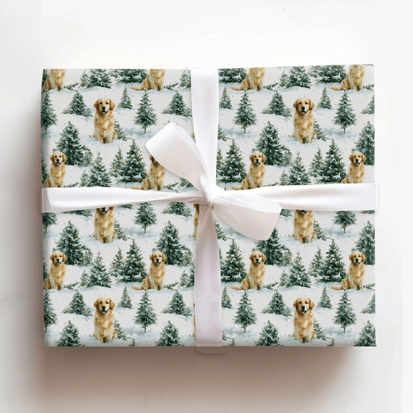 Snowy Pine Tree Dog Gift Wrap, Golden Retriever Wrapping Paper, Winter Landscape Wrapping Paper, Christmas Pet Gift Wrap, Hol
