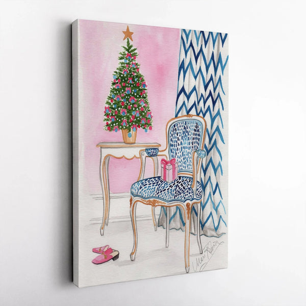 Festive Holiday Room Decor, Watercolor Christmas Tree and Leopard Chair Canvas Wall Art, Preppy Xmas Poster, Winter Seasonal 