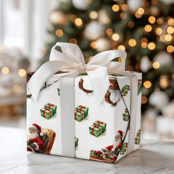 Retro Christmas Gift Wrap, Vintage Santa Sleigh Wrapping Paper, Festive Santa Claus Wrapping Paper, Holiday Gift Wrap Paper R