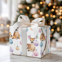 Baby Deer Christmas Gift Wrap, Watercolor Fawn Wrapping Paper, Pastel Baubles Holiday Present Paper, Whimsical Winter Wrap Roll