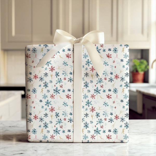 Gold Gymnast Snowflake Gift Wrap, Gymnastics Christmas Wrapping Paper, Winter Sports Holiday Wrapping Paper, Athlete Xmas Wra