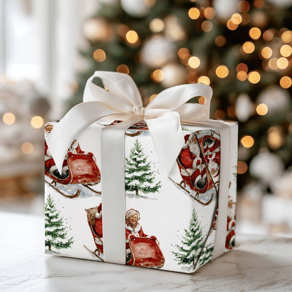 Classic Christmas Gift Wrap, Vintage Santa Sleigh Wrapping Paper, Watercolor Santa Reindeer Sleigh Wrapping Paper
