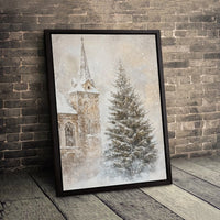 Snowy Christmas Tree Canvas Print, Winter Church Canvas Wall Art, Winter Landscape Canvas, Rustic Holiday Wall Decor, Christmas Home Present