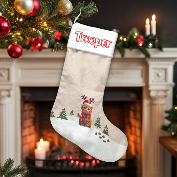 Adorable Kitten Holiday Stocking, Reindeer Hat Cat Christmas Stocking, Custom Velboa Pet Stocking, Fireplace Mantle Decor, Ca